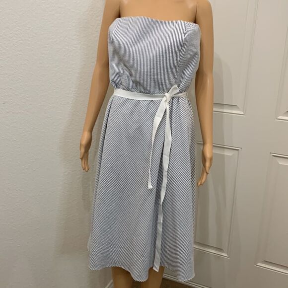Ann Taylor Loft Size 12 Strapless Gray White Striped Belted Zip Woman’s Dress - Picture 2 of 10